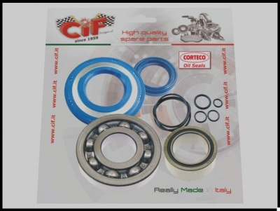 Conjunto de rolamentos e vedantes sobre papel com textos de marca e origem.