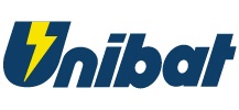 Logótipo da marca Unibat com relâmpago amarelo e letras azuis escuras