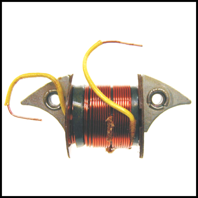 Bobina de fio de cobre com suporte metálico cinzento e fios amarelos