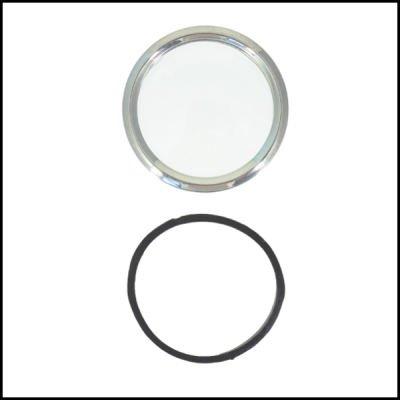 Vidro redondo com bordo metálico e anel preto de borracha