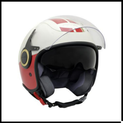 Capacete de motociclista aberto branco e vermelho com viseira transparente