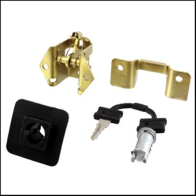 Conjunto de fechadura com mola dourada, suporte metálico, base plástica preta e cilindro de fechadura com chaves