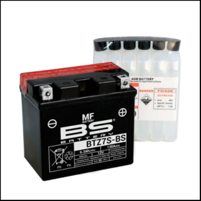 Bateria preta BS Battery BTZ7S-BS com frascos de ácido sulfúrico