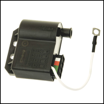 Módulo eletrônico preto com cabo branco e texto em relevo