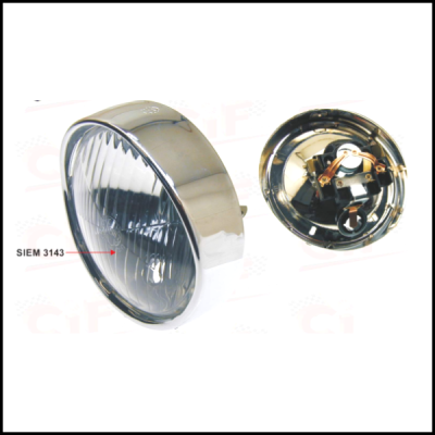Farol redondo metálico com lente transparente e texto SIEM 3143