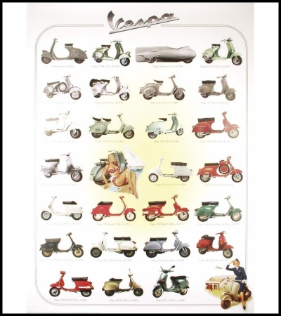 Poster com várias scooters Vespa em diferentes cores e modelos
