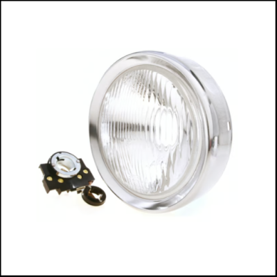 Farol redondo de automóvel com aro metálico e componente elétrico