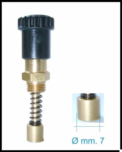 Peça metálica com mola e topo preto com indicação de diâmetro 7 mm