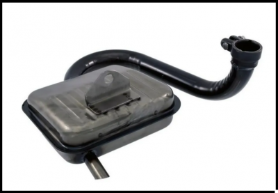 Escape de motor automóvel em metal preto com caixa retangular e tubo curvo