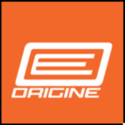 Logótipo branco 'ORIGINE' sobre fundo laranja