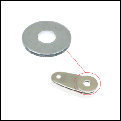 Arruela metálica cinzenta e alavanca prateada com orifício