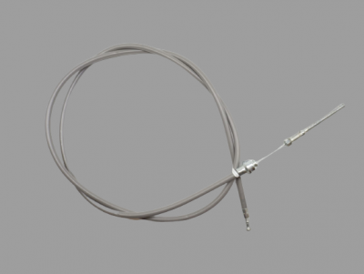 Cabo metálico cinza com extremidades metálicas finas sobre fundo cinza