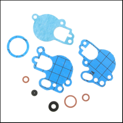 Conjunto de juntas e anilhas azuis, pretas e castanhas com padrão quadriculado