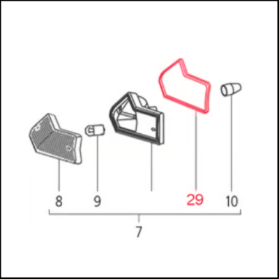 Diagrama esquemático de peças numeradas para montagem com destaque vermelho na peça 29