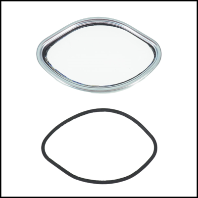 Espelho retrovisor lateral com moldura cromada e junta preta