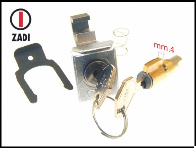 conjunto de fechadura com chave e cilindro dourado, peça preta, mola, logotipo ZADI