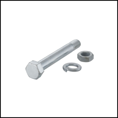 Parafuso hexagonal com porca e arruela metálica em fundo branco