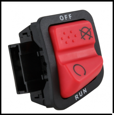 Interruptor elétrico preto com botão vermelho, textos OFF e RUN