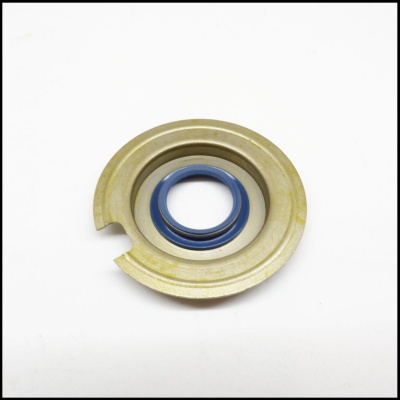 Peça metálica redonda com selo azul no centro