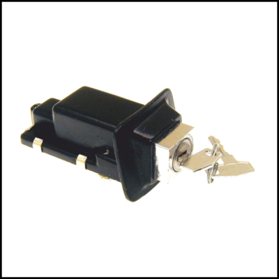 Fechadura preta retangular com acabamento metálico e chaves