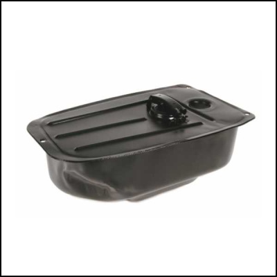 Recipiente retangular preto de metal com tampa e pega circular