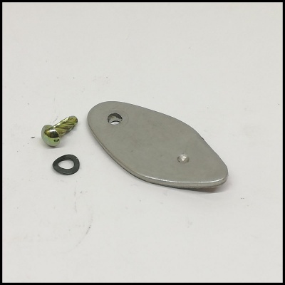 Placa metálica prateada com parafuso dourado e arruela preta