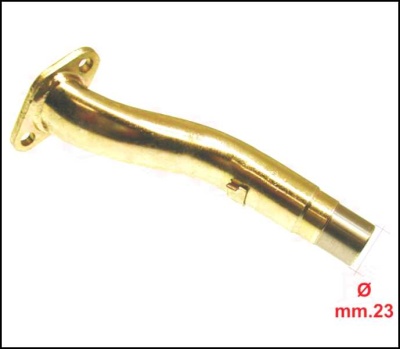 Tubo metálico curvado dourado com flange retangular e diâmetro de 23 mm