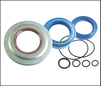 Conjunto de vedações metálicas e de borracha azul e castanha sobre fundo branco