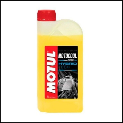 Recipiente amarelo com tampa vermelha e etiqueta MOTUL MOTOCOOL EXPERT HYBRID TECH