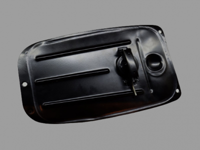 Tampa metálica preta com válvula central e ranhuras