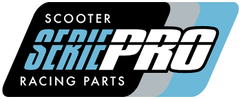 Logótipo com texto SCOOTER SERIE PRO RACING PARTS em fundo preto, cinza e azul