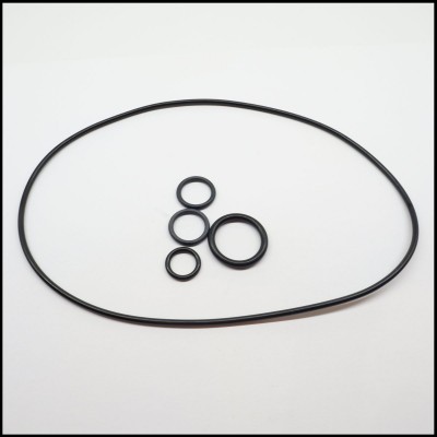 Conjunto de anéis O-ring pretos em vários tamanhos sobre fundo branco