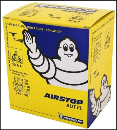 Caixa amarela e azul para câmara de ar Michelin com ilustração do boneco Michelin