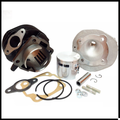 Conjunto de peças de motor incluindo pistão, junta, cilindro e cabeça sobre fundo branco