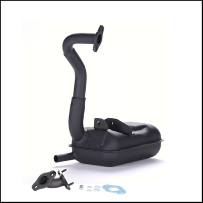 Escape de motor preto fosco com tubo curvo e acessórios sobre fundo branco