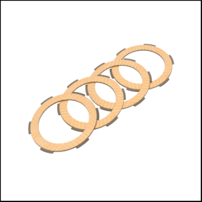 Quatro discos circulares bege com abas escuras alinhados sobre fundo branco
