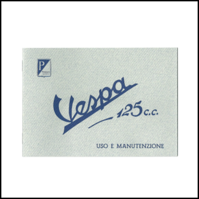 Manual de uso e manutenção da Vespa 125 c.c. com texto azul em fundo branco