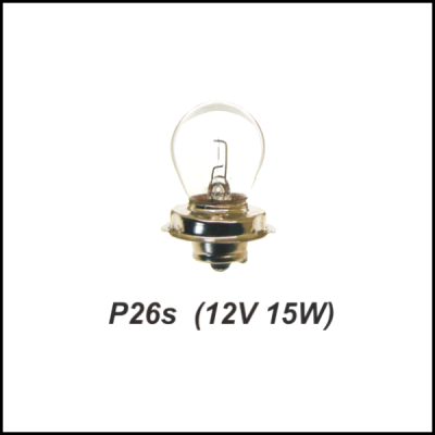 Lâmpada automóvel P26s 12V 15W com base metálica e vidro transparente