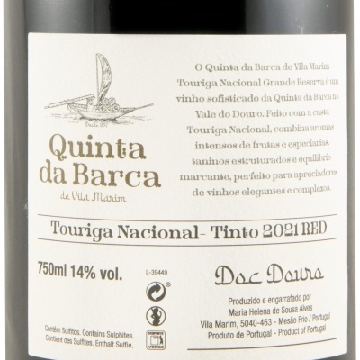 Rótulo de vinho tinto Quinta da Barca Touriga Nacional 2021 com texto em português no fundo branco.