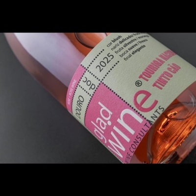 Garrafa de vinho rosé com rótulo rosa e creme com texto em português, sobre fundo escuro
