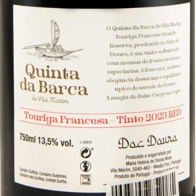 Etiqueta de vinho Quinta da Barca Touriga Francesa Tinto 2023 com detalhes de volume e teor alcoólico
