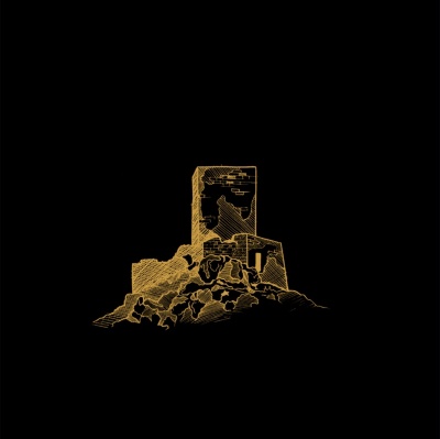 Desenho de ruína amarela sobre fundo preto