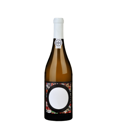 Garrafa de vinho branco com rótulo circular branco e cápsula branca