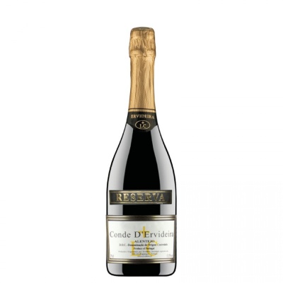Garrafa de vinho espumante Conde DErvideira Reserva Alentejo com rótulo branco e dourado