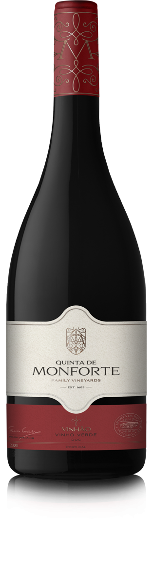 Garrafa de vinho com rótulo branco e vermelho e texto Quinta de Monforte e Vinhão