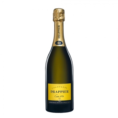 Garrafa de champanhe Drappier Carte dOr Brut com rótulo amarelo.