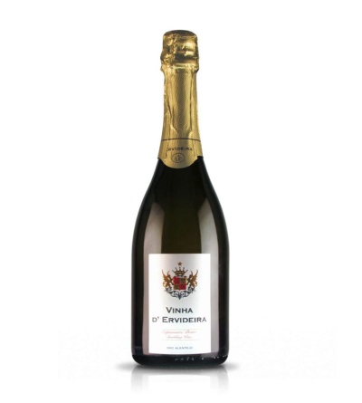 Garrafa de vinho espumante Vinha dErvideira com rótulo branco e cápsula dourada
