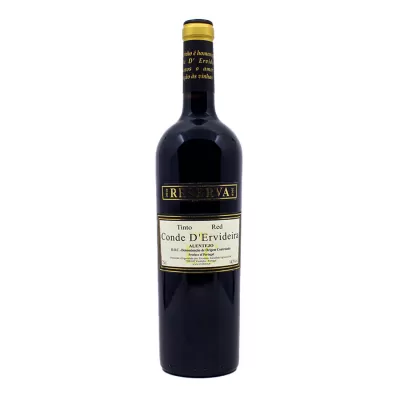 Garrafa de vinho tinto Conde DErvideira Reserva 2018, rótulo branco com texto em dourado