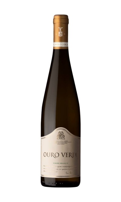 Garrafa de vinho branco Ouro Verde com etiqueta clara e tampa dourada
