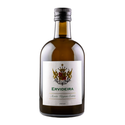 Garrafa de azeite virgem extra Ervideira com rótulo branco e brasão